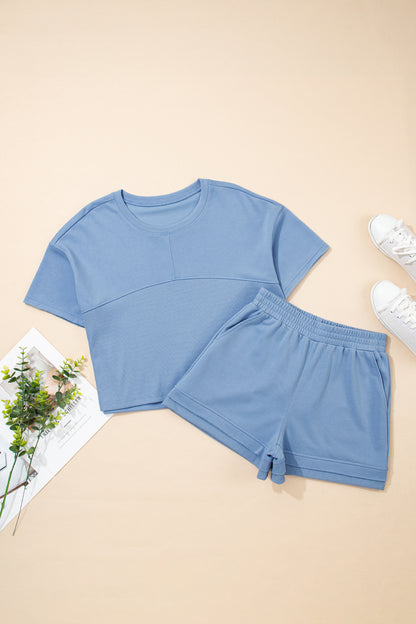 Sky Blue Solid Color Contrast Textured Patchwork Raw Edge 2pcs Short Set