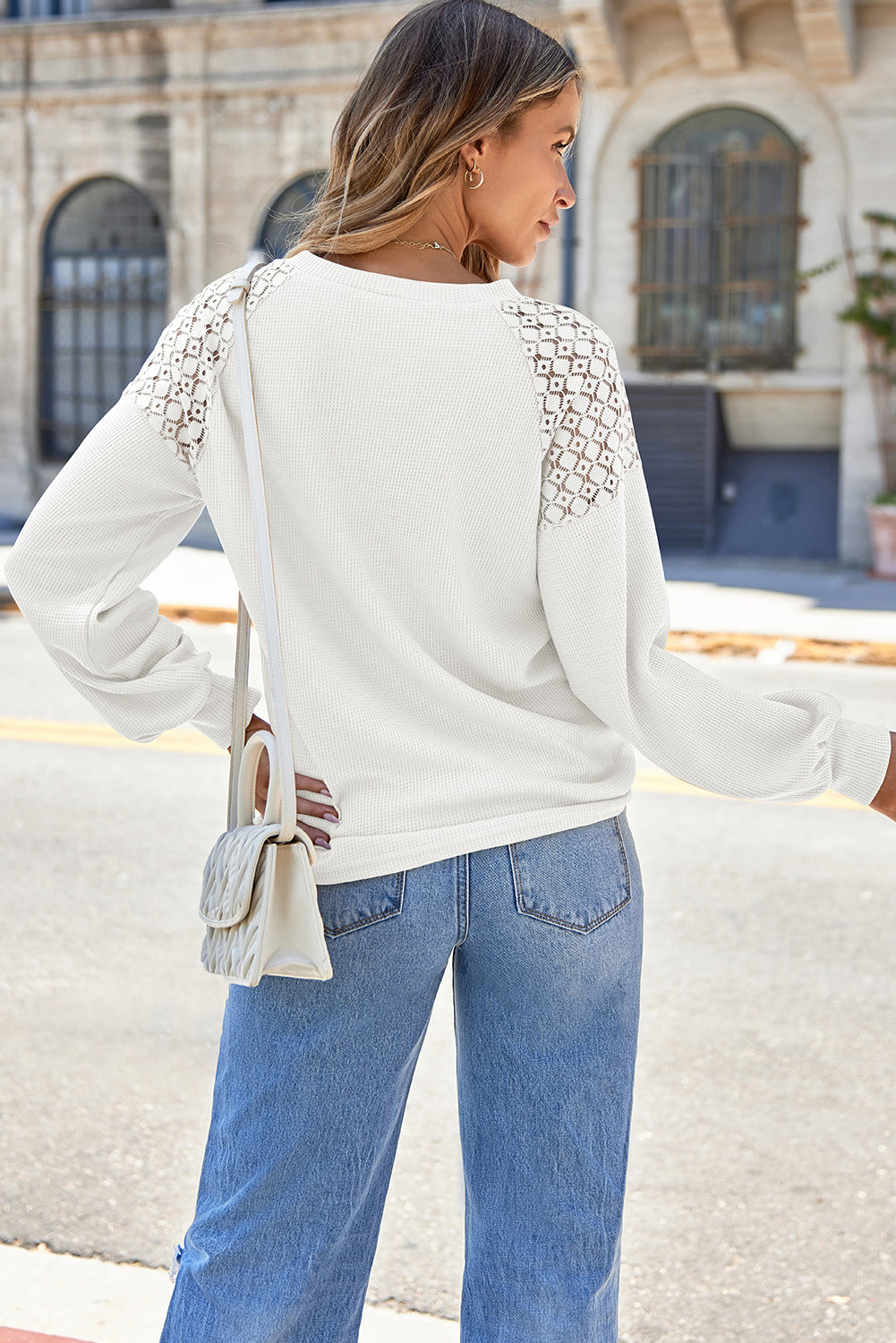 White Lace Long Sleeve Textured Pullover