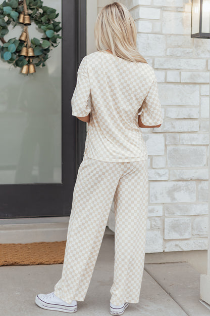 Khaki Checkered Print Half Sleeve Tee 2pcs Lounge Pant Set