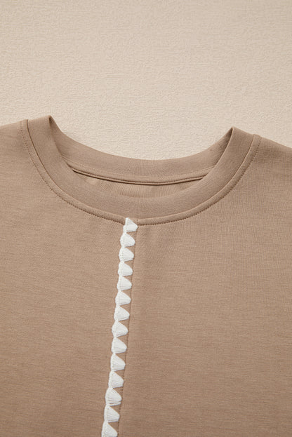 Straw Yellow Ric Rac Color Contrast Ribbed Edge Crewneck T Shirt