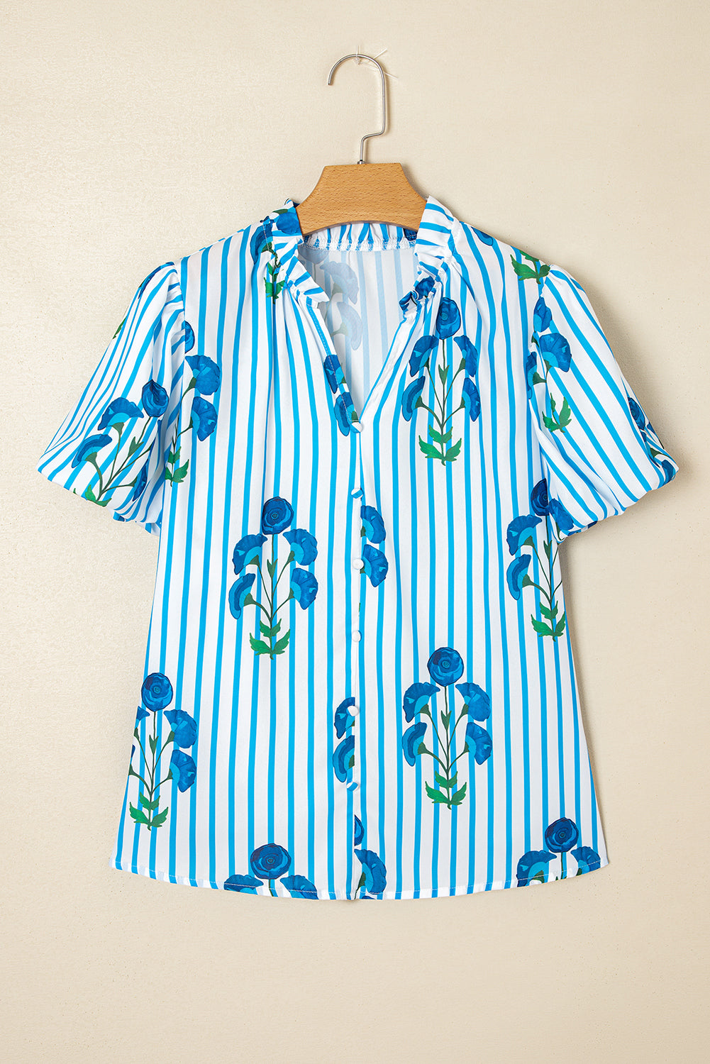 Sky Blue Stripe Floral Buttoned Frilly Notched Neck Puff Sleeve Summer Blouse