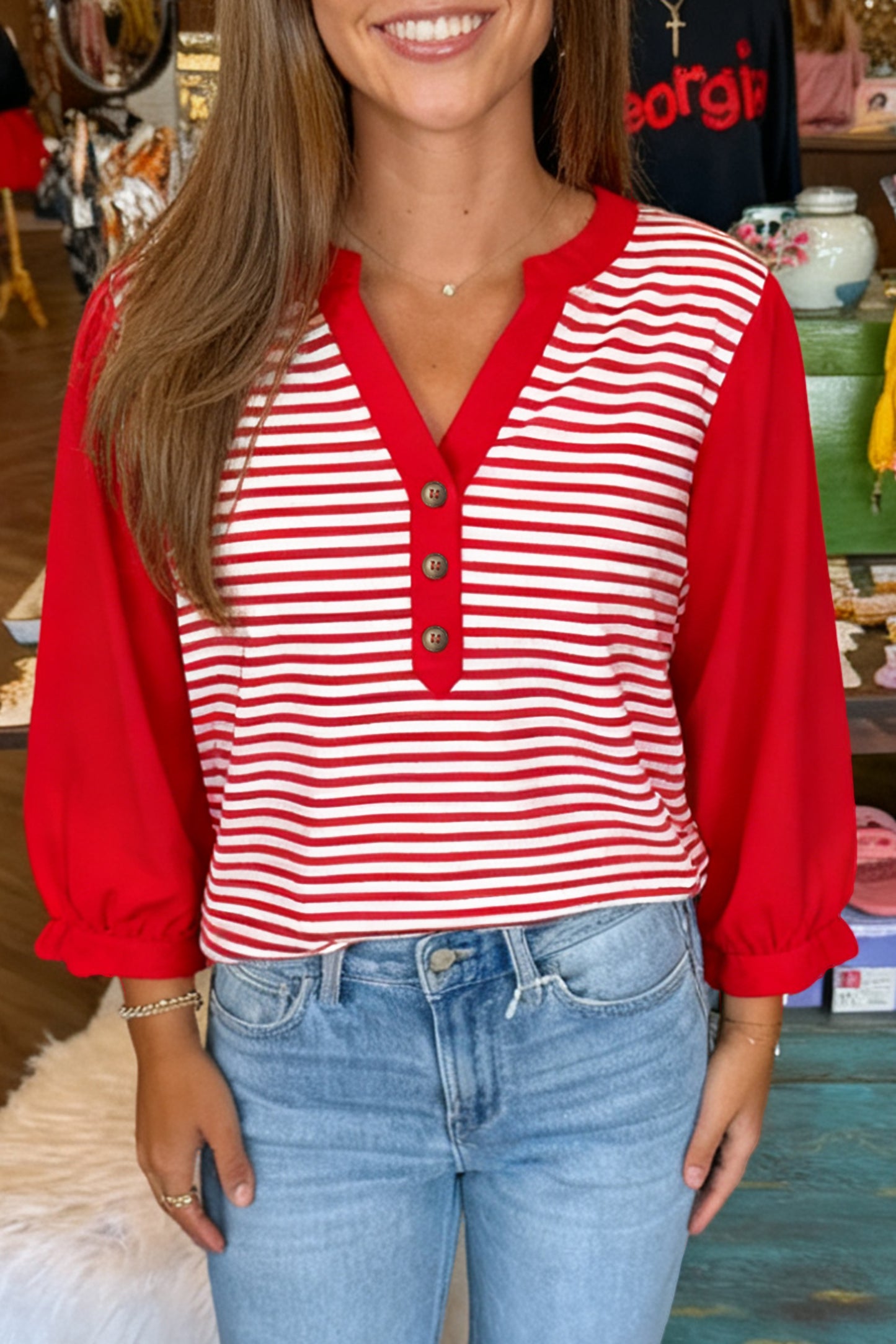 Red Stripe Half Placket V Neck Contrast 3/4 Sleeve Patchwork Top