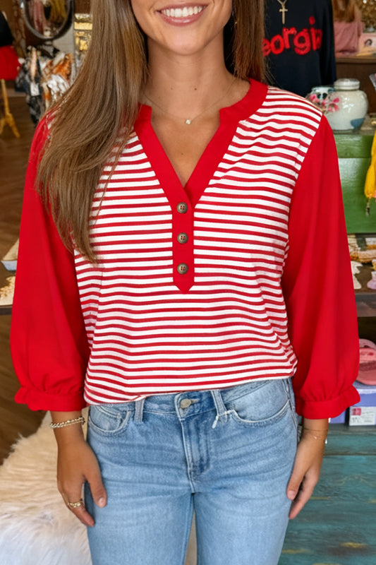 Red Stripe Half Placket V Neck Contrast 3/4 Sleeve Patchwork Top