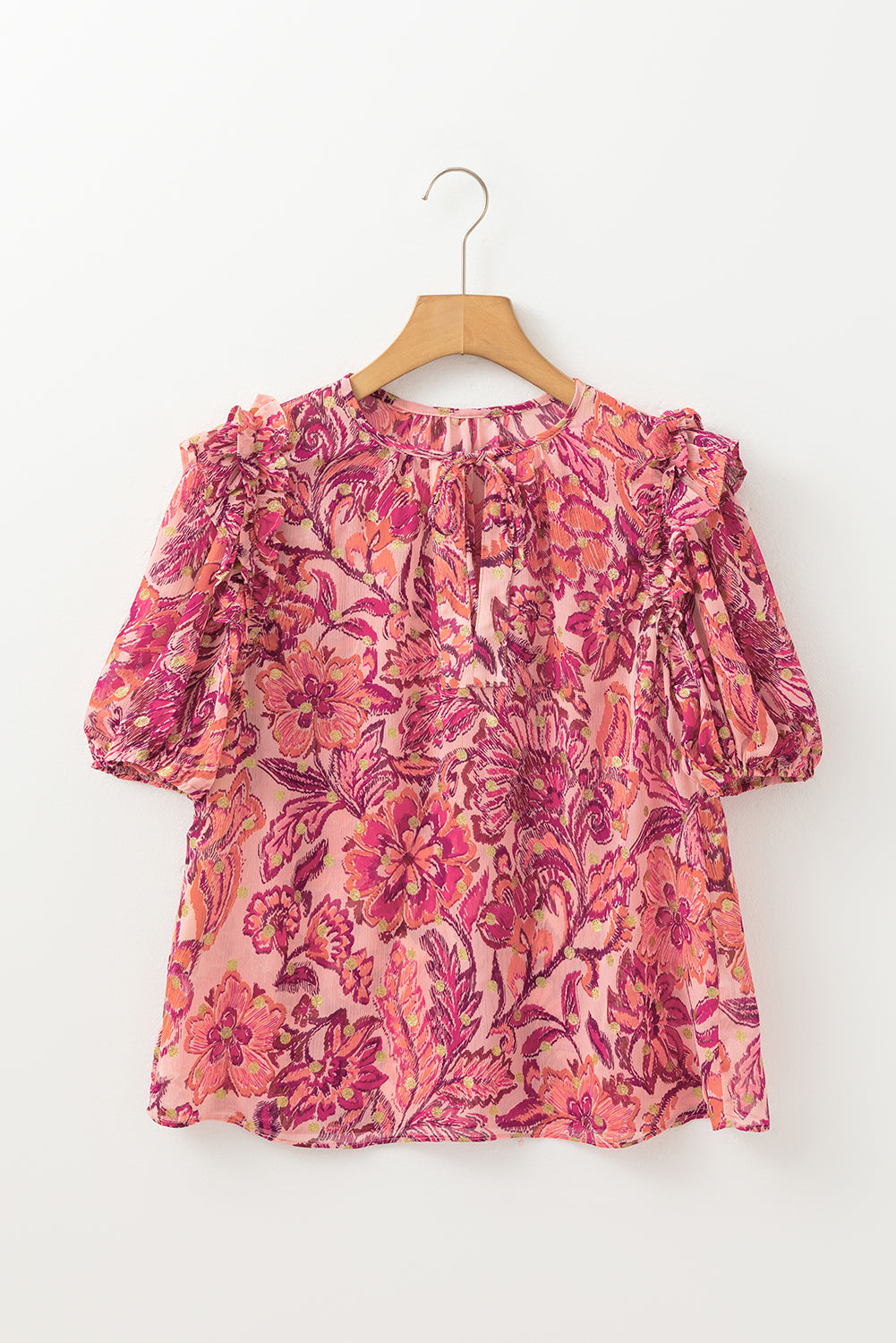 Red Floral Print Ruffled Puff Short Sleeve Blouse