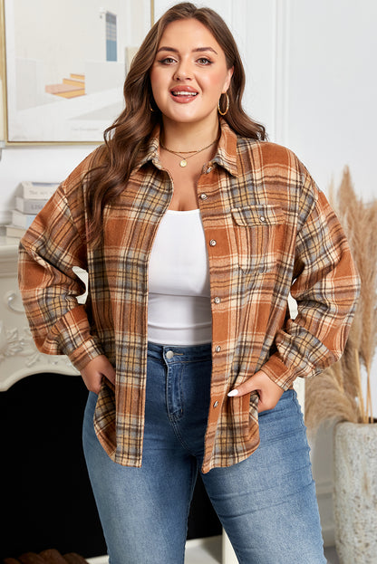 Brown Plaid Print Flap Pocket Buttoned Plus Size Shacket