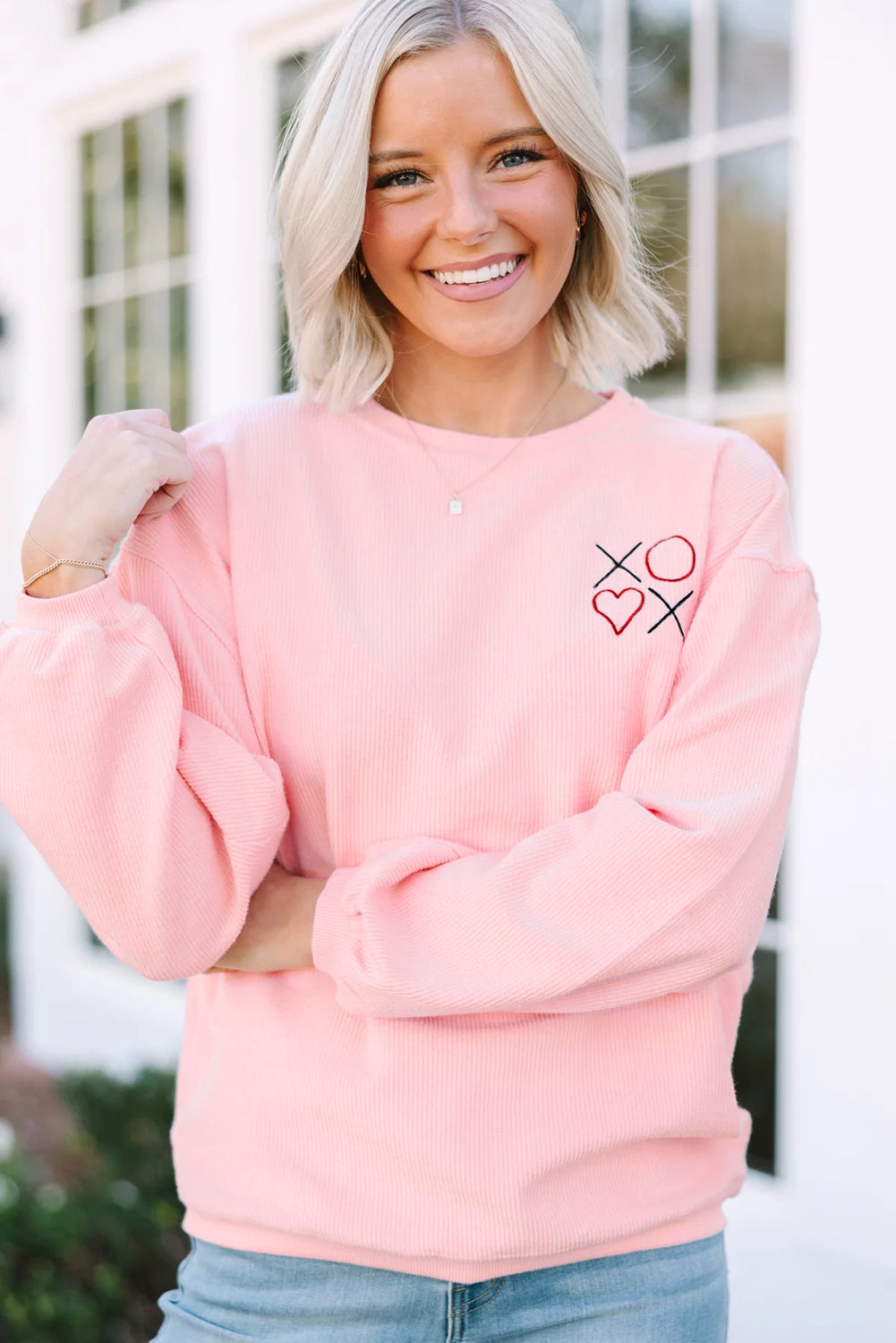 Pink 3d Ribbed XOXO Heart Embroidered Drop Shoulder Sweatshirt