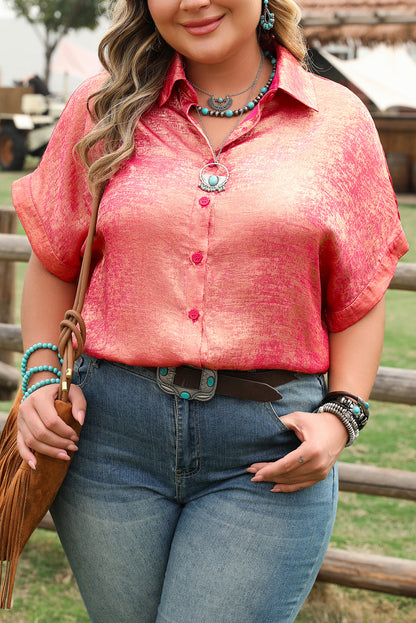 Rose Red Plus Size Metallic Sheen Short Sleeve Button Up Shirt