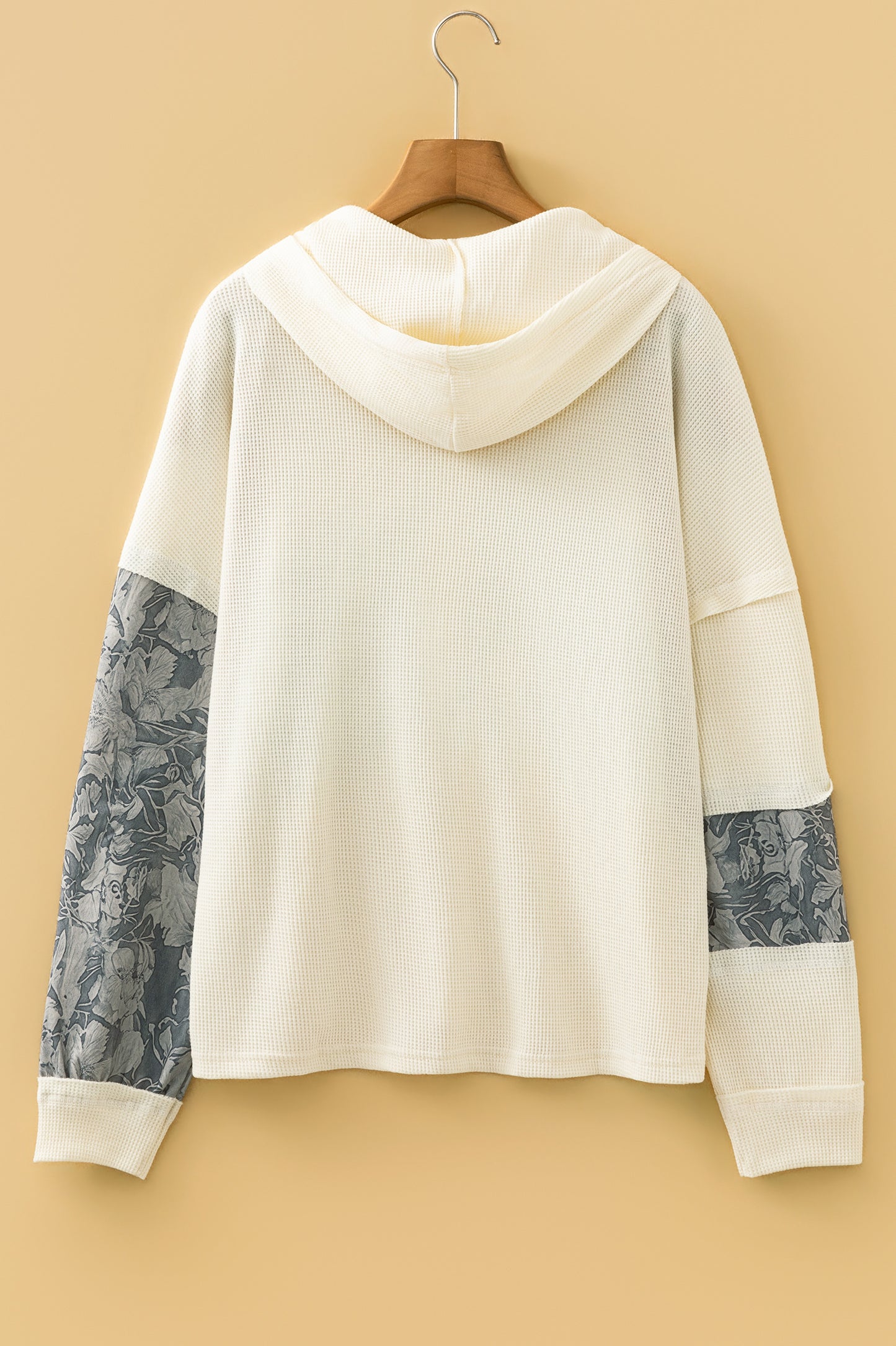 White Waffle Printed Patchwork Drawstring Hooded Long Sleeve Top