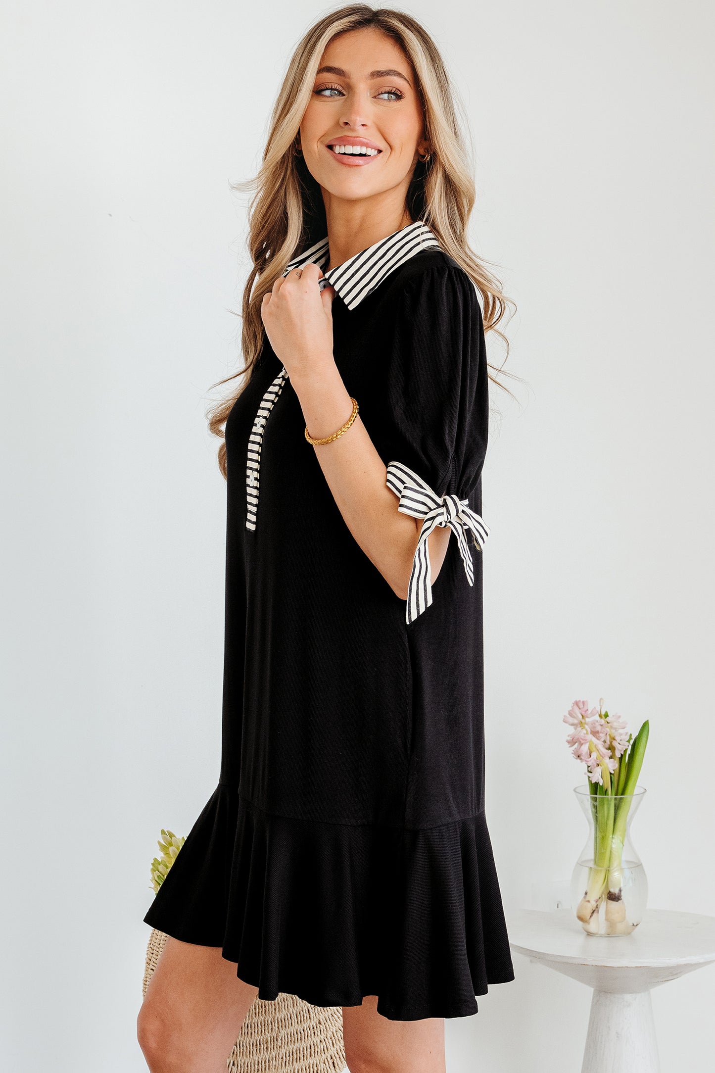 Black Stripe Detail Polo Collar Half Buttons Tied Short Sleeve Shift Mini Dress