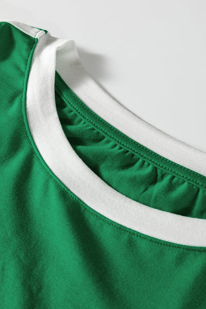 Bright Green Varsity Striped Accent Contrast Crew Neck Long Sleeve T Shirt