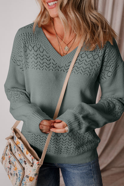 Brown Eyelet Pattern Detail V Neck Drop Shoulder Sweater