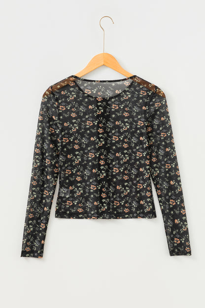 Black Floral Print Mesh Tank Button Front Slim Cardigan 2pcs Set