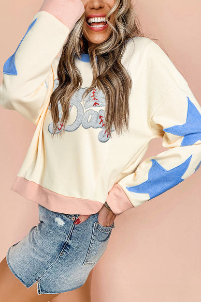 Beige Game Day Sequin Letter Graphic Star Patched Colorblock Sweatshirt