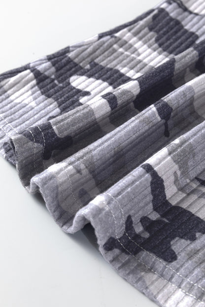 Gray Camouflage Print Ribbed Knit Round Neck Tank Top