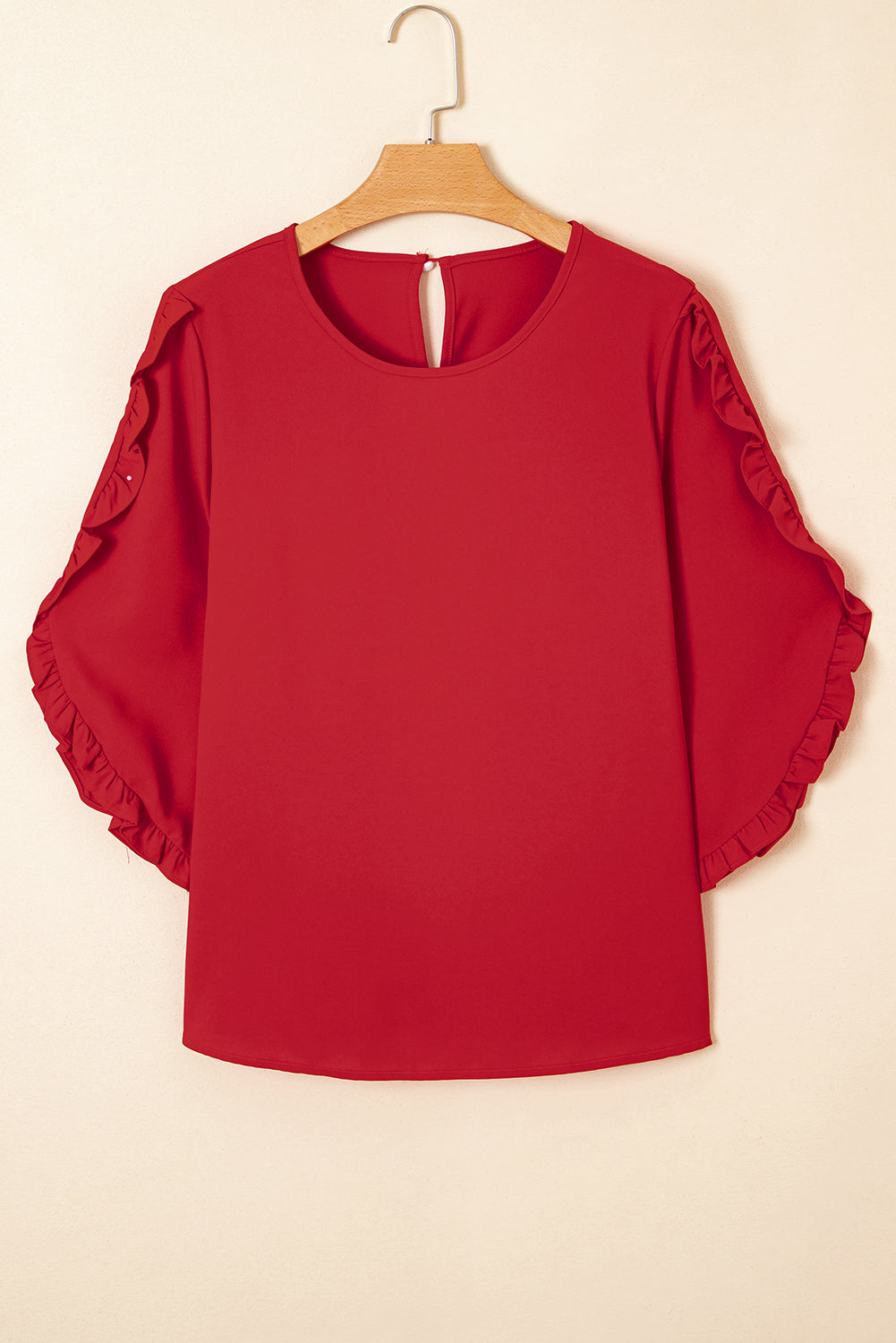 Fiery Red Ruffle Trimmed 3/4 Sleeve Round Neck Blouse
