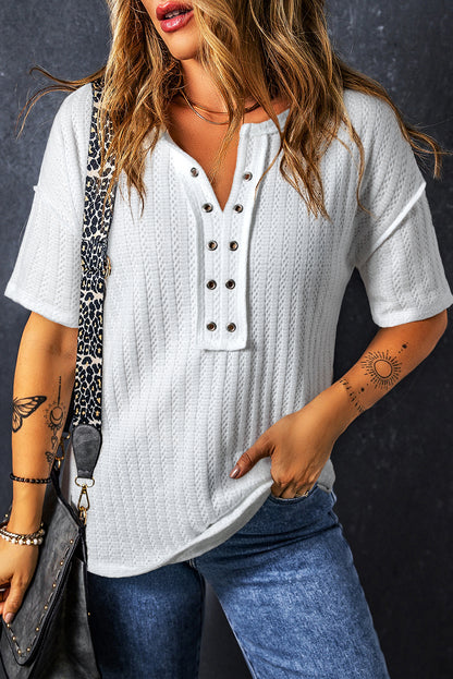 White Textured Hollow Grommet Placket Split Neck Short Sleeve Top