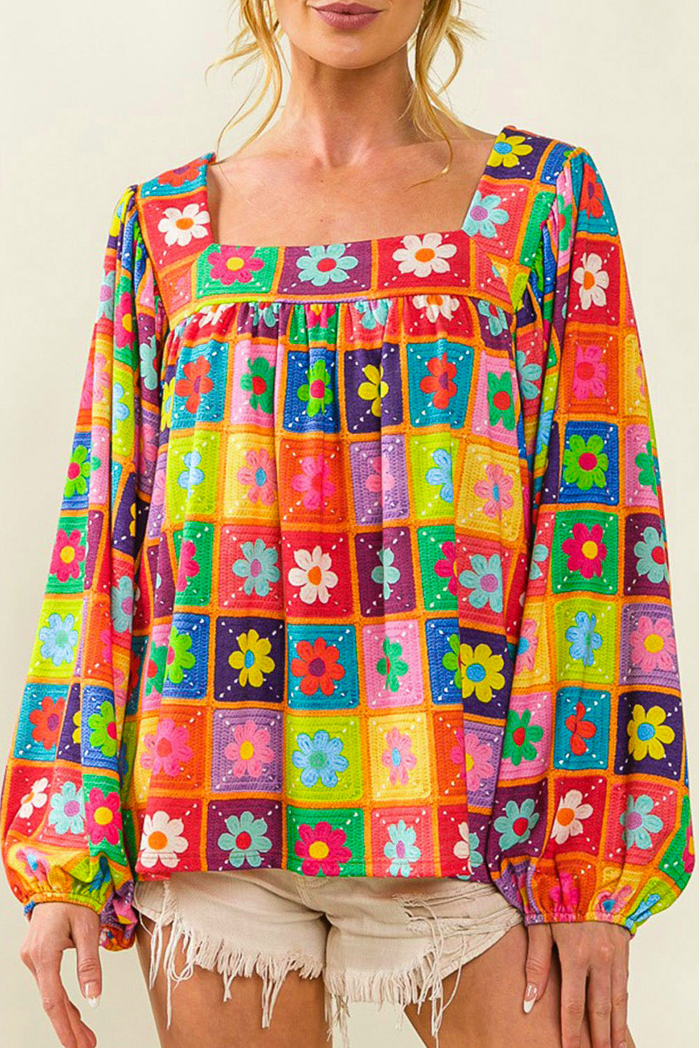 Multicolor Floral Pattern Square Neck Puff Sleeve Blouse