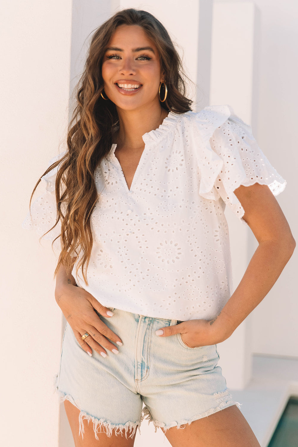 White Broderie Anglaise Ruffle Short Sleeve Blouse