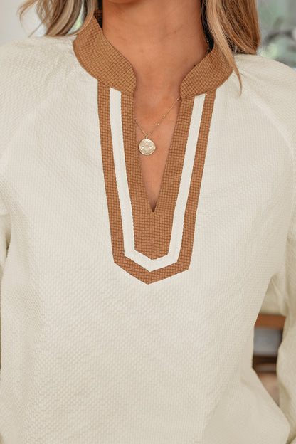 Jet Stream Color Block Patchwork Detail V Neck Textured Long Sleeve Blouse