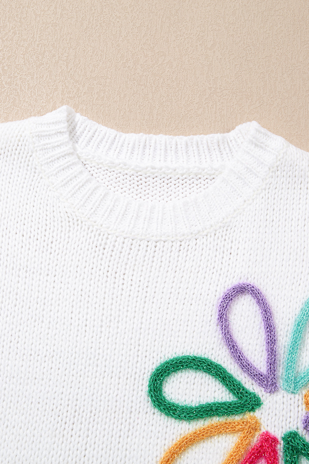 White Flower Graphic Colorblock Sleeve Crew Neck Sweater