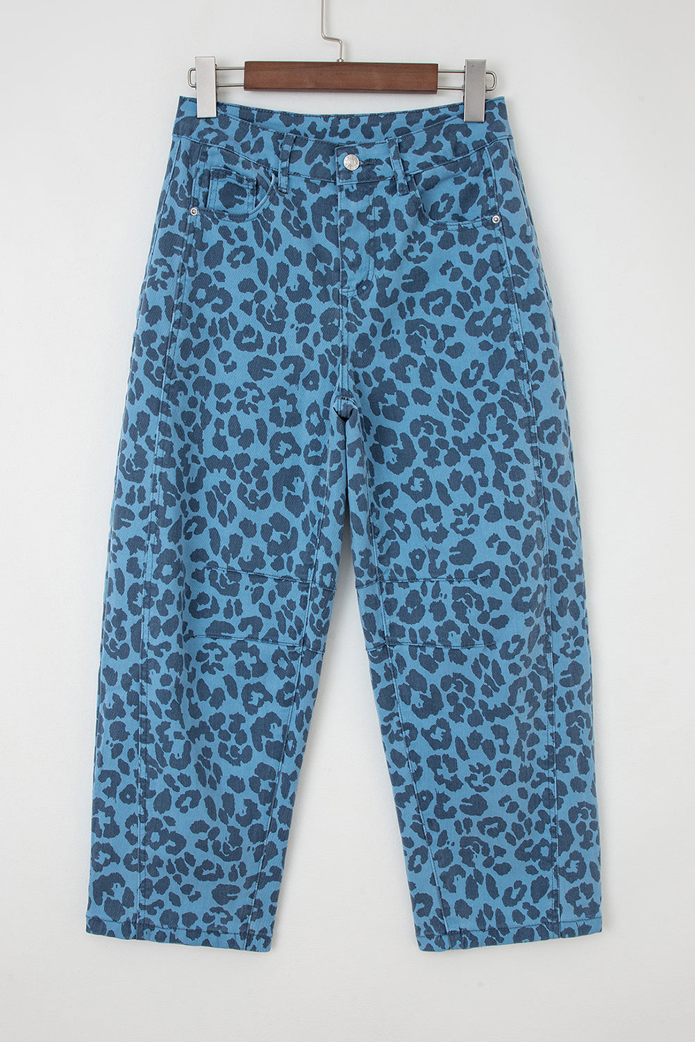 Sky Blue Leopard Print Straight Loose Jeans