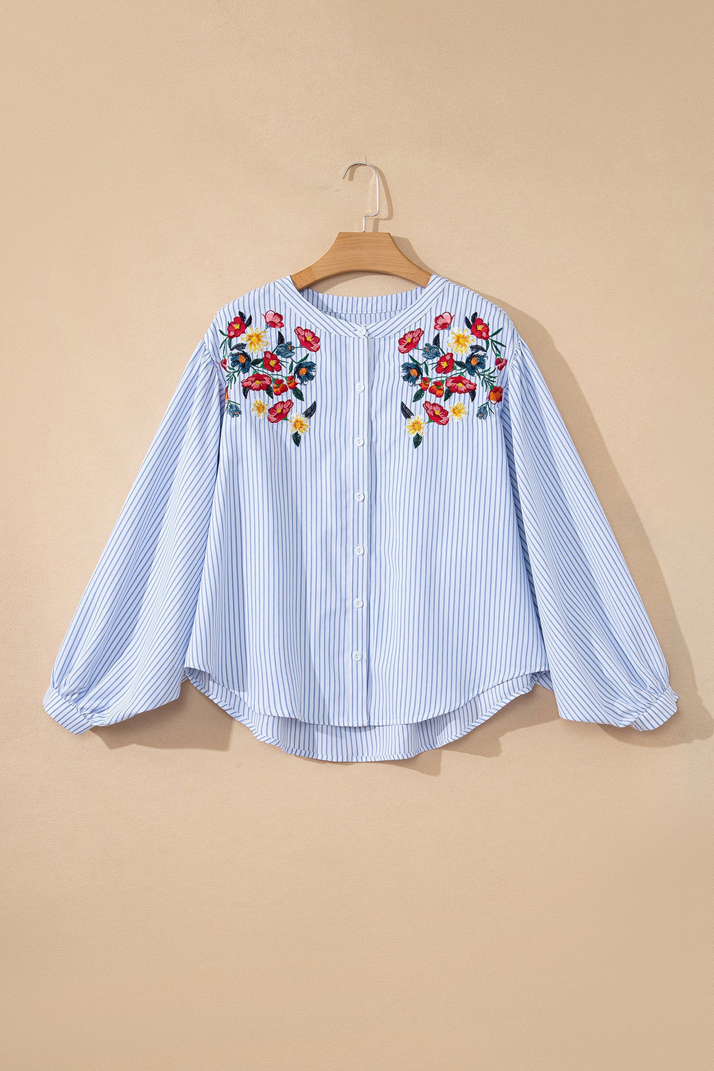 Sky Blue Stripe Floral Embroidered Billowy Sleeve Tunic Baggy Shirt