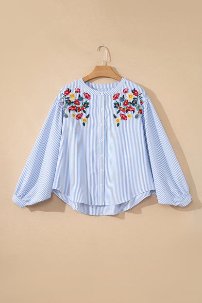 Sky Blue Stripe Floral Embroidered Billowy Sleeve Tunic Baggy Shirt