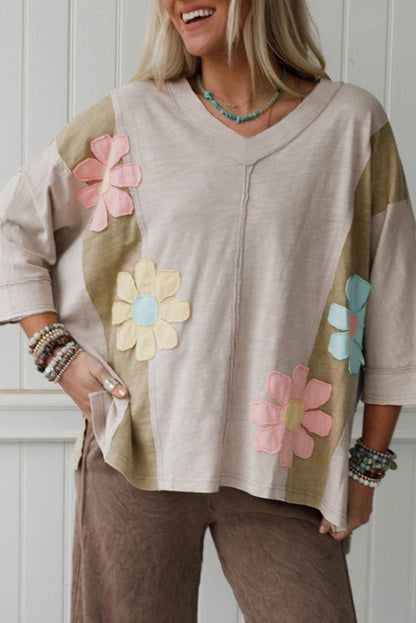 Light Blue Flower Patched Exposed Seam Bracelet Sleeve Oversized T Shirt