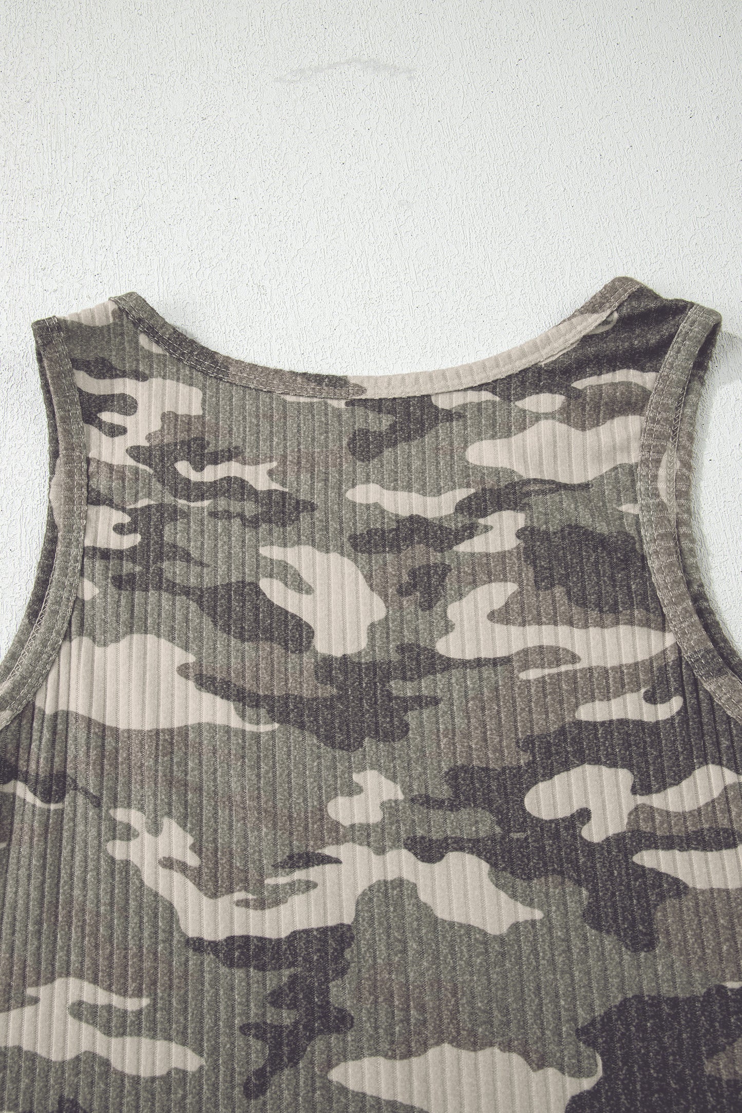 Gray Camouflage Print Ribbed Knit Round Neck Tank Top