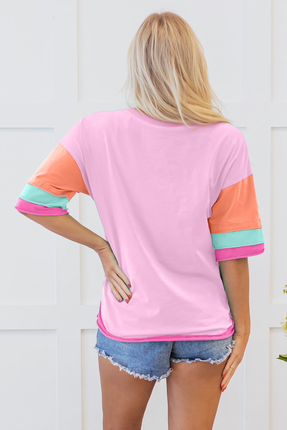 Pink Solid Color Half Sleeve Buttons Henley Top
