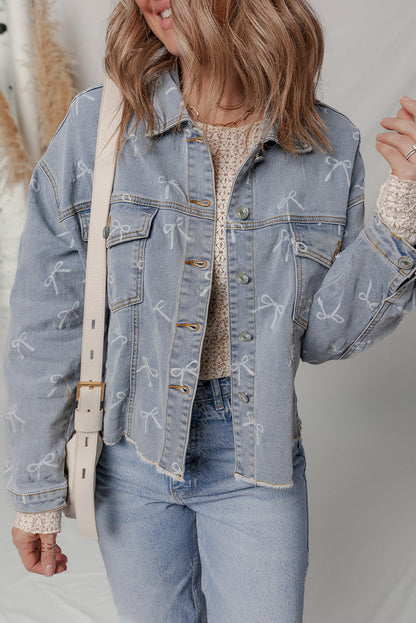 Sky Blue Bow Knot Print Light Wash Raw Hem Denim Jacket