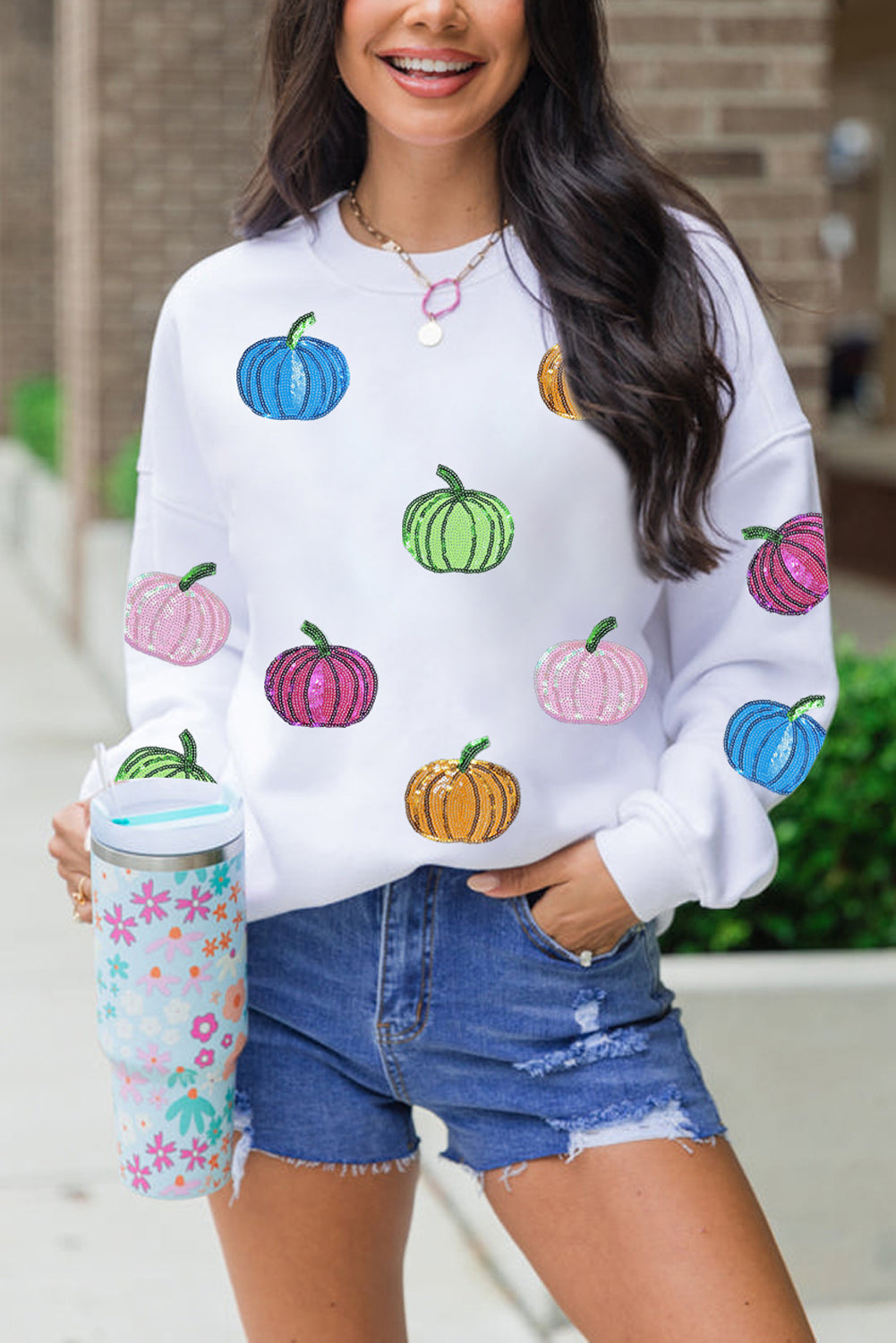 White Colorful Pumpkin Sequin Patched Drop Shoulder Sweatshirt
