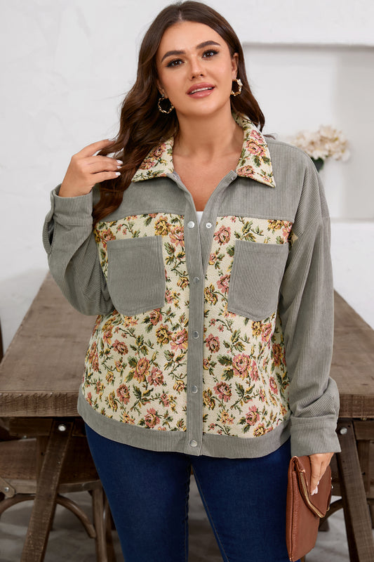 Medium Grey Corduroy Floral Patchwork Vintage Jacket