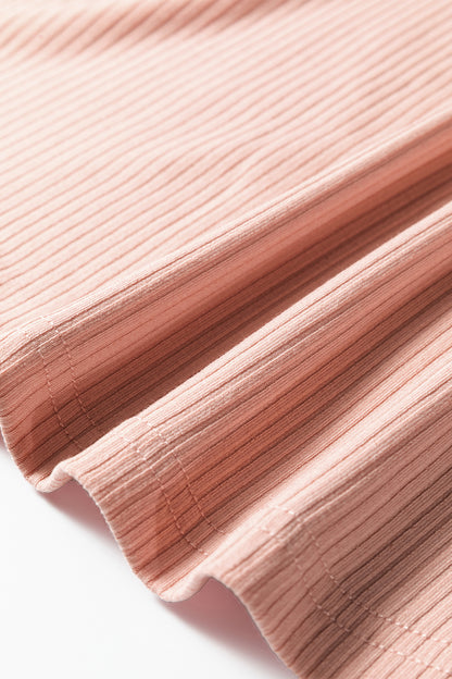 Dusty Pink Solid Color Ribbed Ruffled Short Sleeve T Shirt