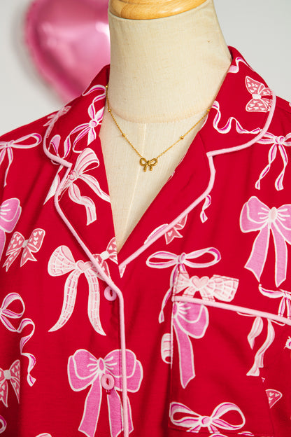 Red Sweet Bow Print Shirt Style Top Long 2pcs Pajama Set