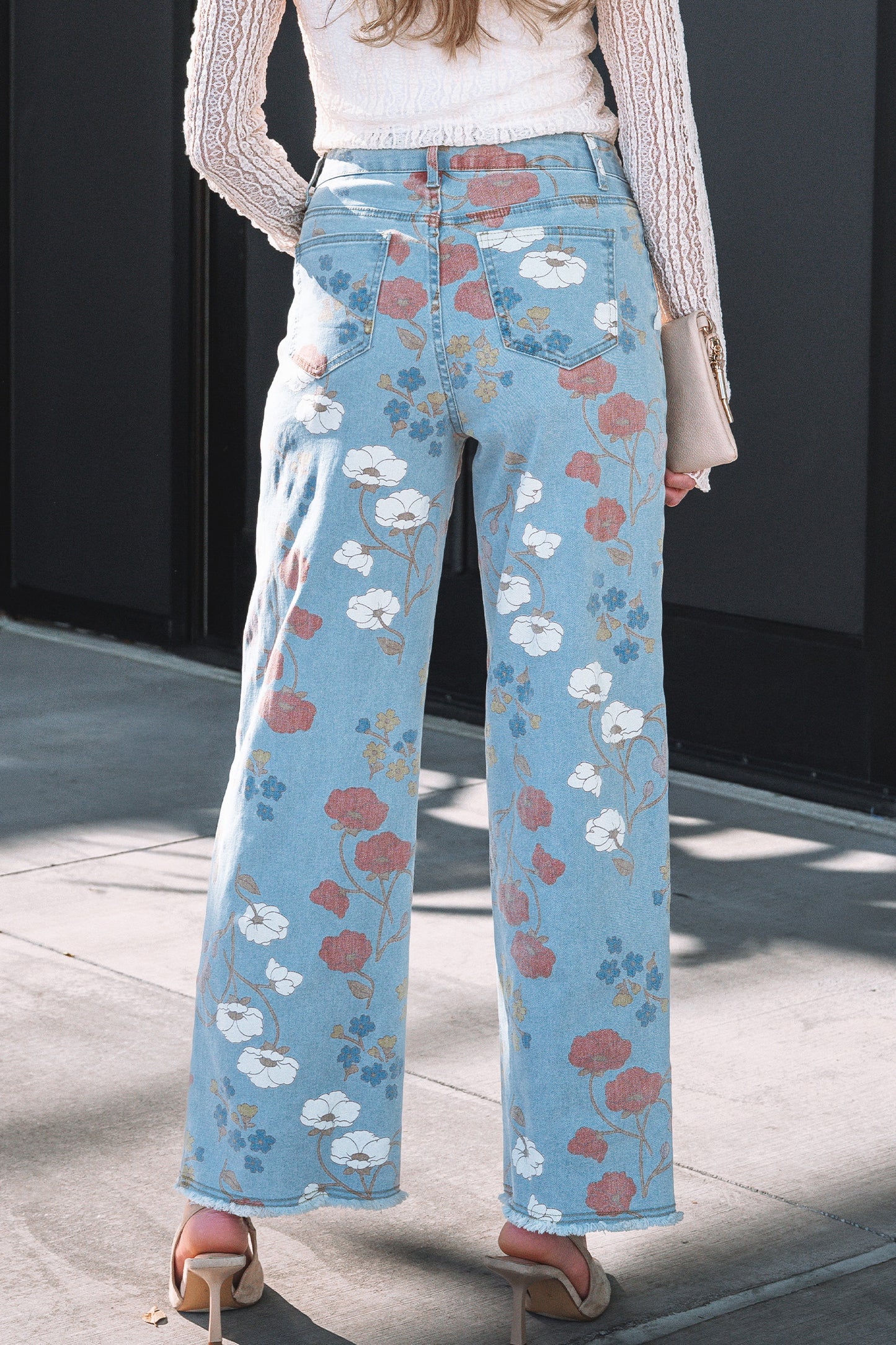 Sky Blue Floral Printed Raw Hem Shift Jeans