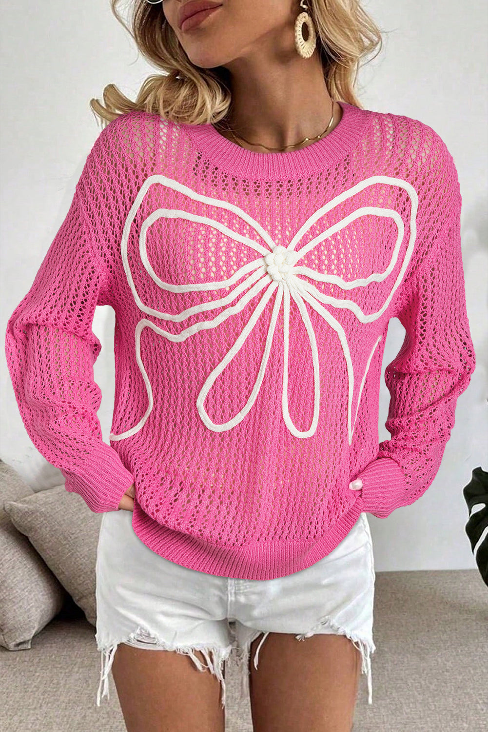 Sachet Pink Sweet Bow Decor Hollow Out Knitted Drop Shoulder Sweater