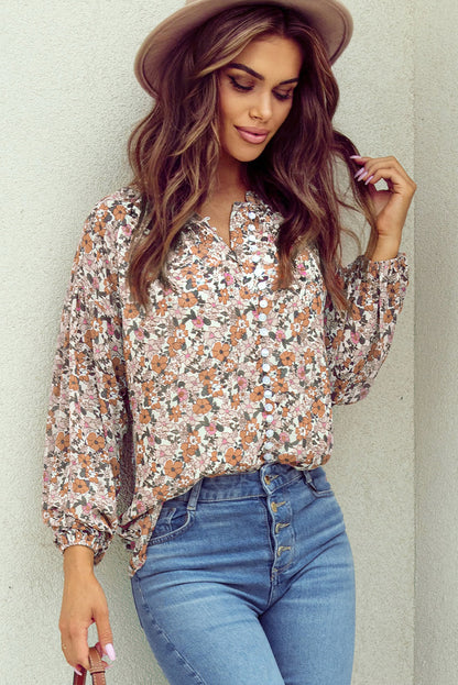 Orange Bohemian Floral Puff Sleeve Full Button Shirt