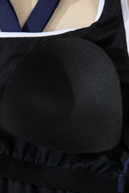 Navy Blue Contrast Edge Ruffled High Waist One Piece Swim Dress