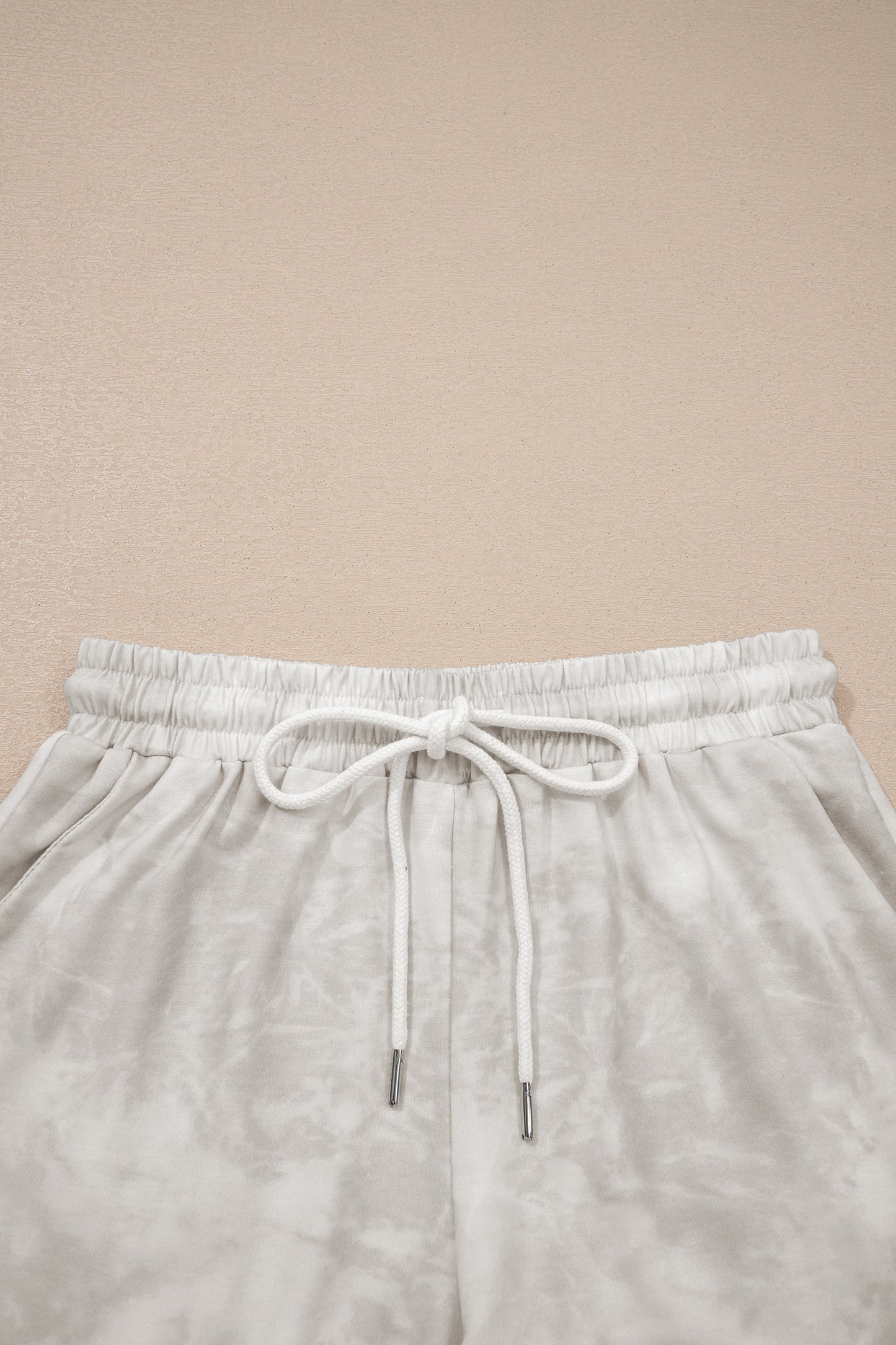 Beige Vintage Tie Dye Bracelet Sleeve Drawstring Elastic Waist 2pcs Short Set