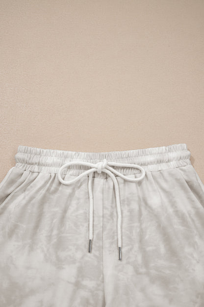 Beige Vintage Tie Dye Bracelet Sleeve Drawstring Elastic Waist 2pcs Short Set