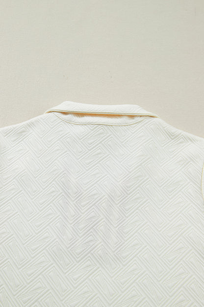 White Textured Knit Contrast Striped Accent Zipped Collar Pullover Top