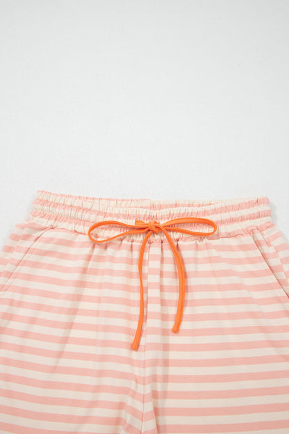 Pink Stripe Contrast Neck Loose Tee and Drawstring Shorts Set
