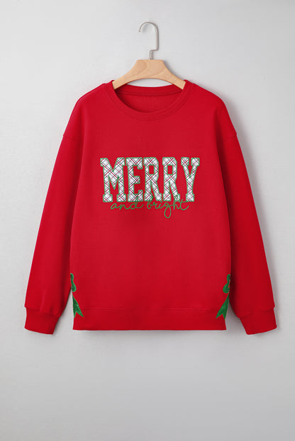 Fiery Red Merry and Bright Plaid Embroidered Letter Graphic Sequin Bow Decor Christmas Sweatshirt