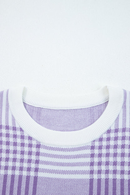 Lilac Plaid Print Ribbed Trim Loose Sweater