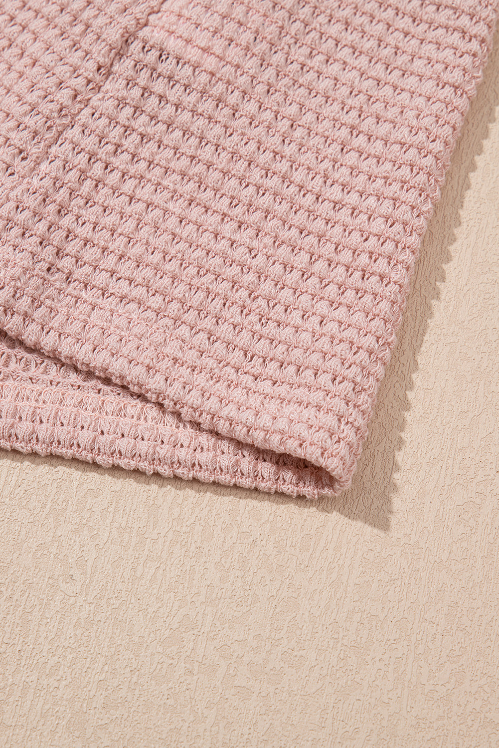 Light Pink Lace Patchwork Waffle Short Sleeve Top