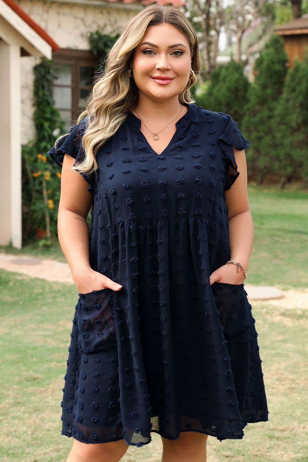 Navy Blue Dotty Textured Notched Neck Plus Ruffled Dress