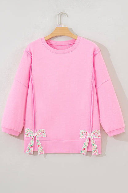 Pink Floral Bow Patched Exposed Seam Patchwork Slit Baggy Sweatshirt
