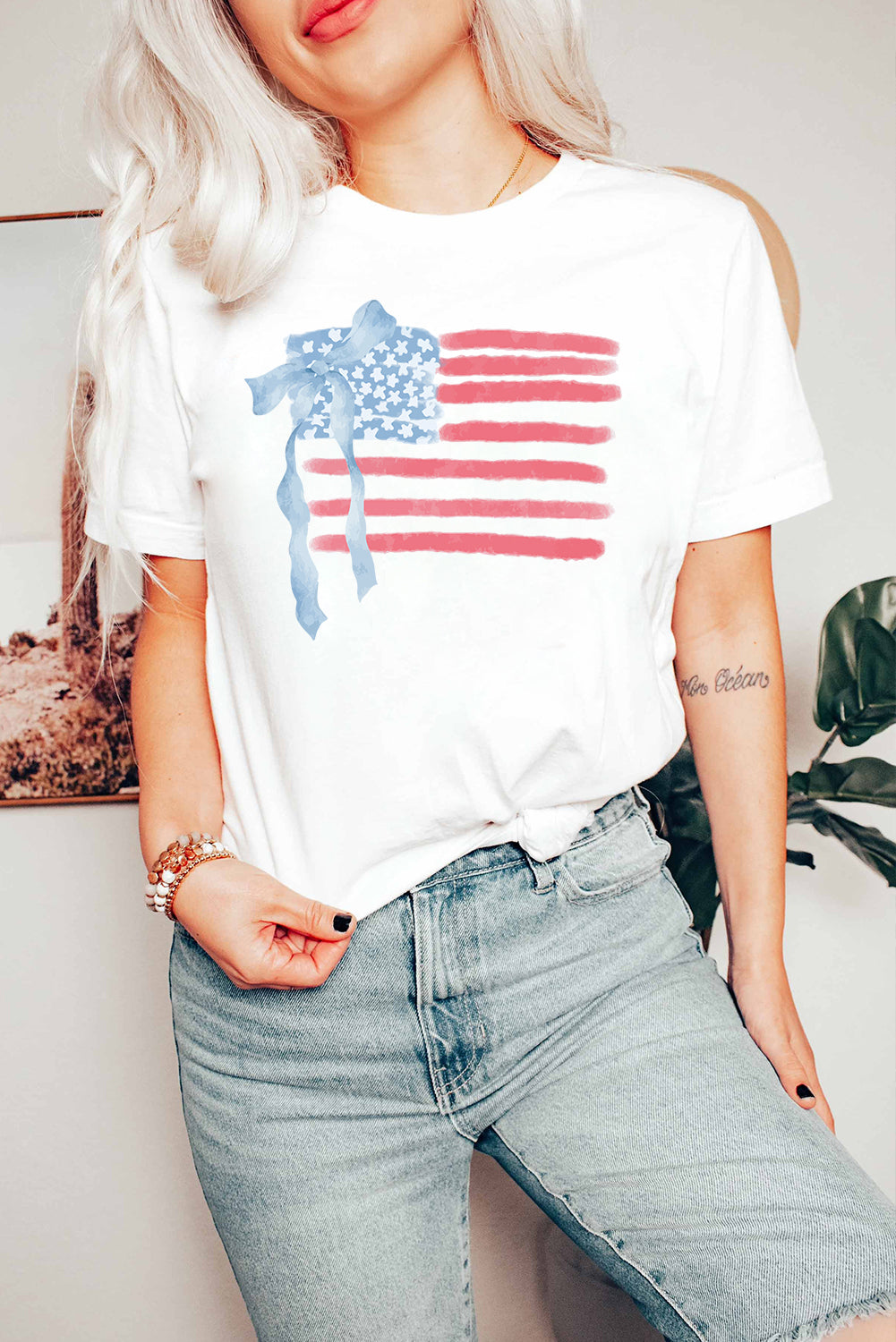 White American Flag Bow Knot Print Crew Neck T Shirt