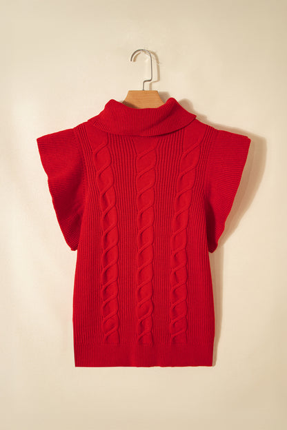 Tomato Red Cable Knit Turtleneck Ruffled Short Sleeve Sweater